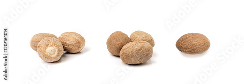 Nutmeg Isolated, Myristica Fragrans Fruit, Dry Spicy Nutmeg Powder, Grated Whole Muscat Nut, Nut Meg