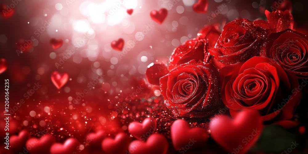 A background of red roses and hearts, glittering with sparkling lights, creating an atmosphere full of romance and love for Valentine's Day. A background of red roses and hearts, glittering with sparkling lights, creating an atmosphere full of romance and love for Valentine's Day.