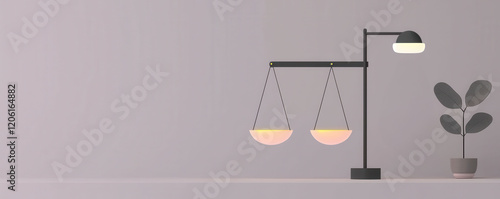 Modern balance scale with soft lighting and potted plant.