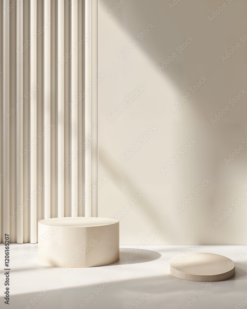 Modern minimalist interior showcasing cylindrical shapes and soft natural light during the day Modern minimalist interior showcasing cylindrical shapes and soft natural light during the day