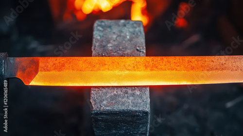 glowing orange high carbon steel sword blade rests on anvil in forge