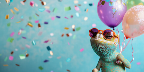 Funny chameleon wearing sunglasses holding happy birthday balloons and confetti explosion flying around greeting card on blue background with copy space.