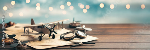 Vintage Airplane Model Goggles Map Travel Adventure Nostalgia