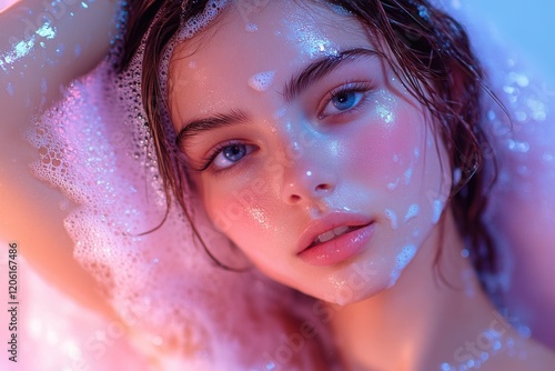 A person relaxing in a bathtub with soap suds and bubbles photo