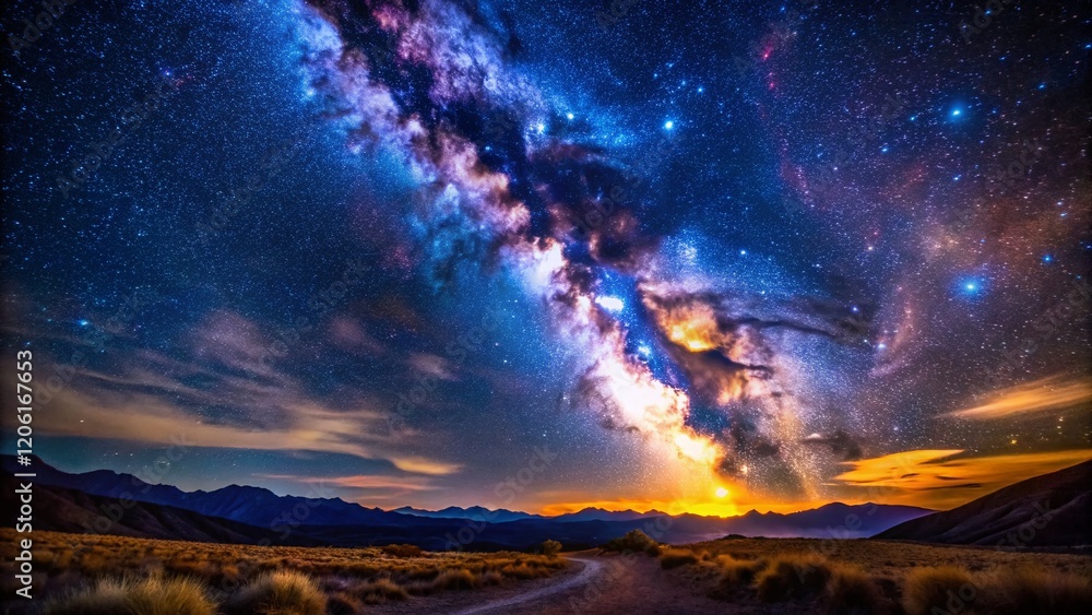 Magical Milky Way Galaxy Night Sky with Bokeh Lights - Astrophotography Stock Photo Magical Milky Way Galaxy Night Sky with Bokeh Lights - Astrophotography Stock Photo