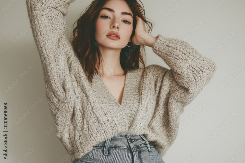 A woman posing for a photo wearing a sweater and jeans A woman posing for a photo wearing a sweater and jeans