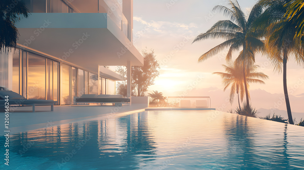 Fototapeta premium Exotic villa with palm trees and an infinity pool.