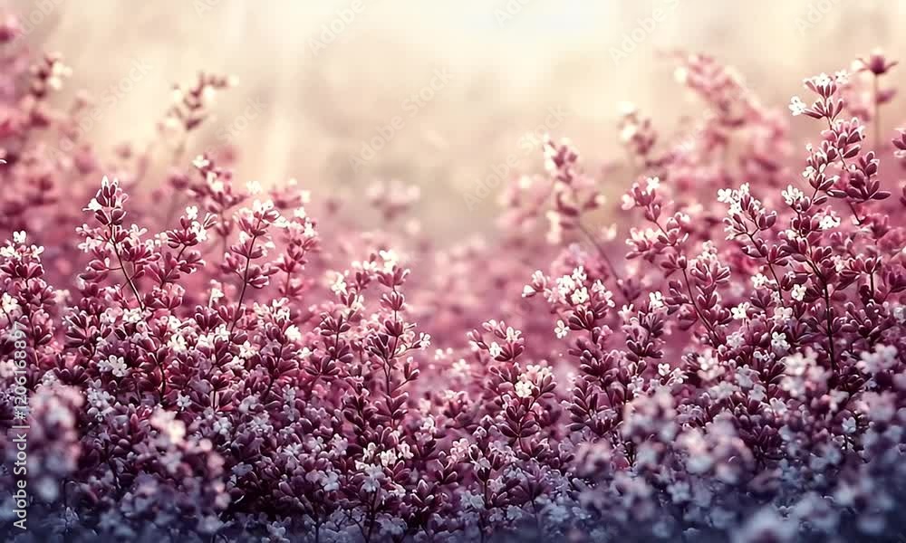 A serene landscape of blooming pink flowers under soft sunlight, creating a tranquil atmosphere in a garden setting A serene landscape of blooming pink flowers under soft sunlight, creating a tranquil atmosphere in a garden setting