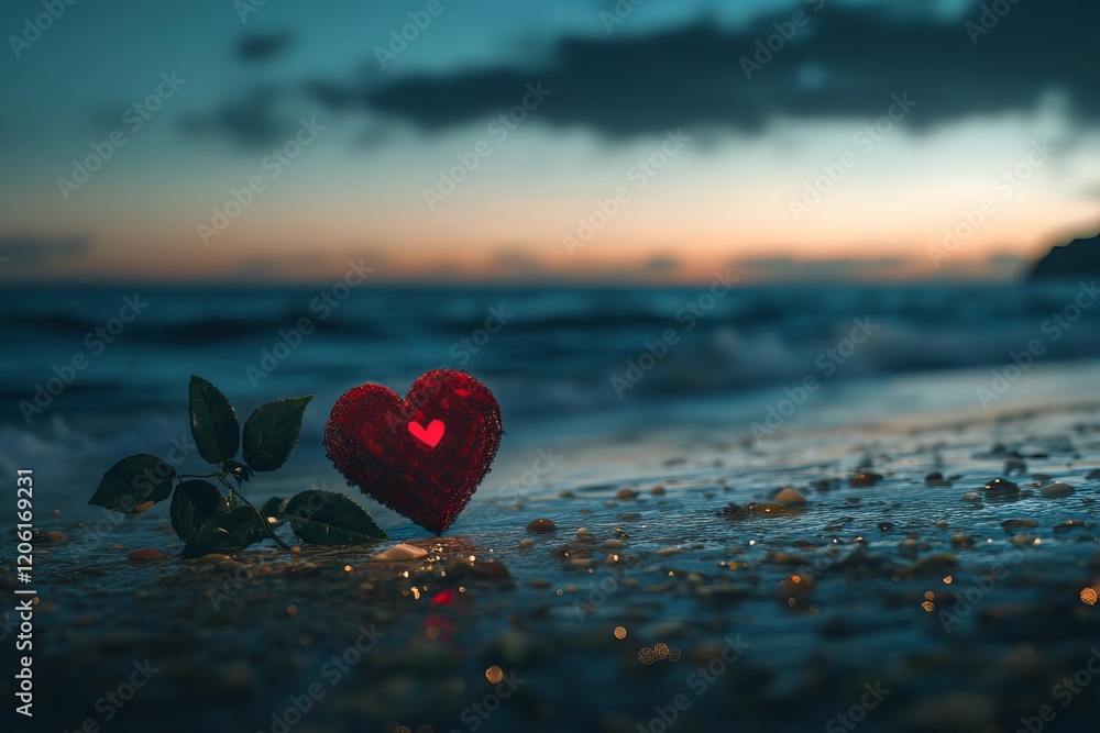 Fototapeta premium Romantic Red Heart on Beach Sunset Seascape Lovely Rose Flower Glowing Heart Valentine Day Love Beach Ocean Romantic Scene Seashore Coastline sky hope calm dark