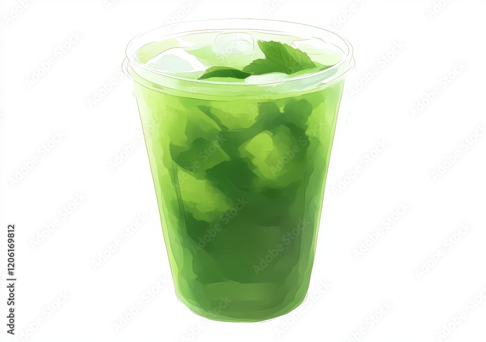 Watercolor illustration of a Daiquiri cocktail with lime, mint, and ice cubes, standing out on a white background Watercolor illustration of a Daiquiri cocktail with lime, mint, and ice cubes, standing out on a white background