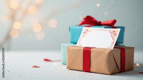 A Festive Arrangement of Wrapped Gifts with a Blank Message Card Ready for a Personalized Greeting