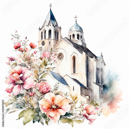 Watercolor illustration of a church decorated with spring flowers