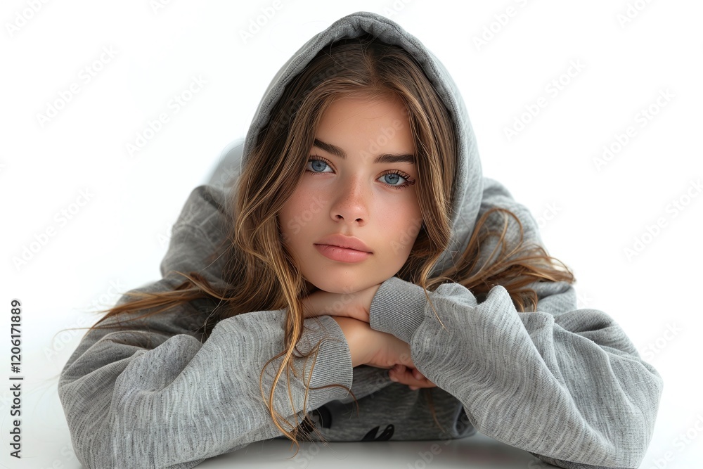 Close-up portrait of young woman in gray hoodie, casual and minimalistic fashion, natural beauty photography, relaxed and comfortable look, studio lighting with copy space.
Close-up portrait of young woman in gray hoodie, casual and minimalistic fashion, natural beauty photography, relaxed and comfortable look, studio lighting with copy space.