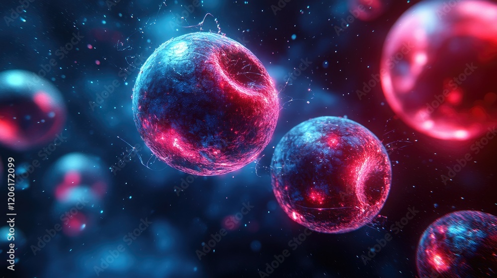 Fototapeta premium Abstract depiction of glowing cells in a vibrant, cosmic environment.