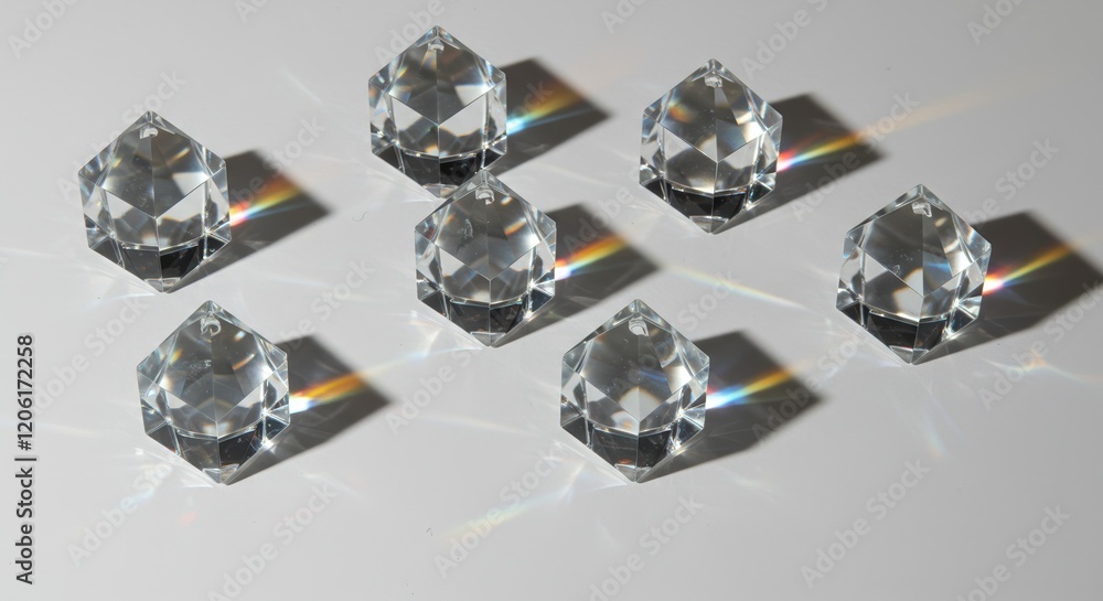 Flat-Lay of Glass Prisms Reflecting Vibrant Colors on White Surface Flat-Lay of Glass Prisms Reflecting Vibrant Colors on White Surface