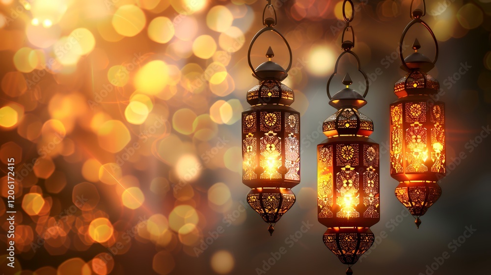 Festive Arabic lanterns glow, bokeh background, Ramadan celebration, greeting card design Festive Arabic lanterns glow, bokeh background, Ramadan celebration, greeting card design