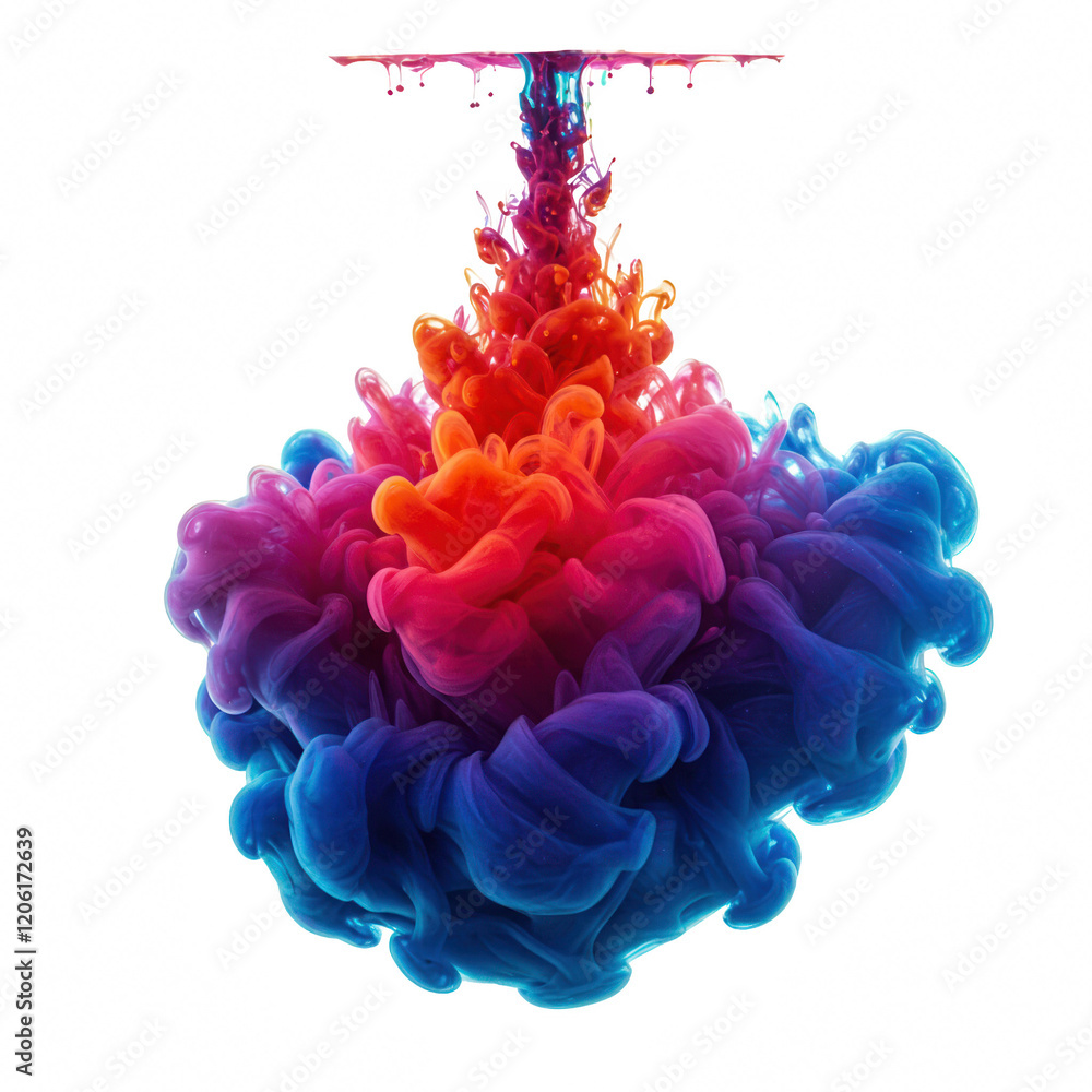 Obraz premium Neon Ink Drops in Water Mid-Motion Creating Surreal Effect on White Background
