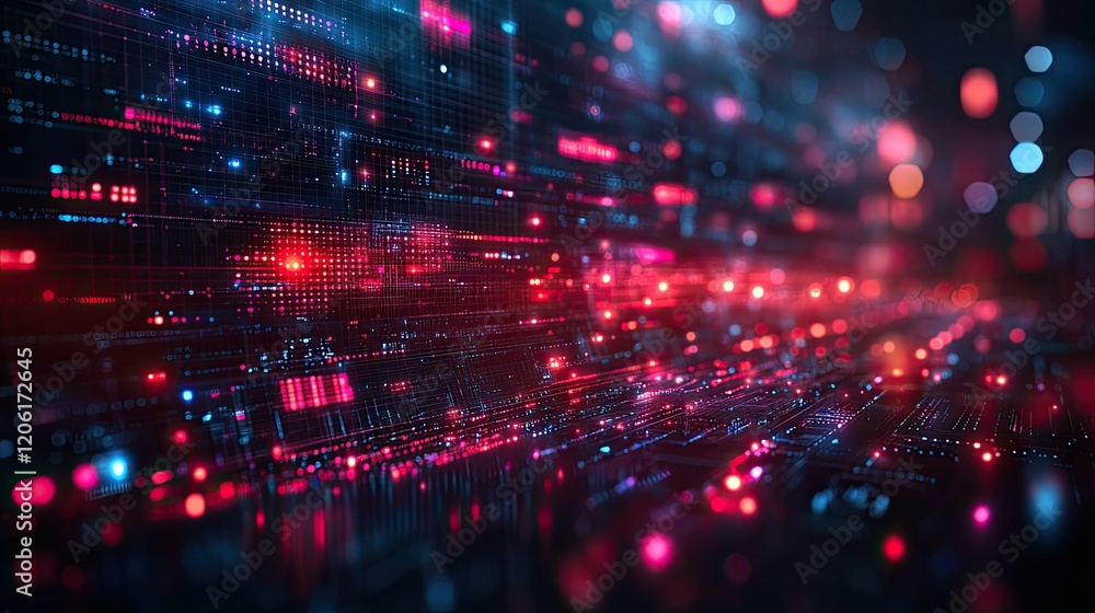 Abstract digital landscape with glowing lines and dots, representing data flow and technology.