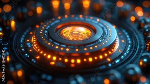 Close-up shot of a digital device with glowing lights, suitable for tech-related concepts and futuristic designs