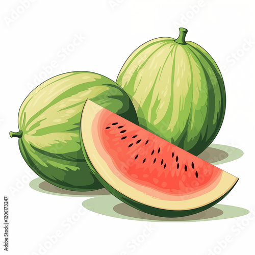 Two whole striped watermelons and a slice of ripe red watermelon, an icon, a color sketch highlighted on a white background, a picture, an image for printing on a T-shirt, a background, without peopl photo