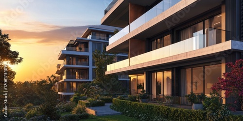 Apartment complex building at sunset with natural light and cityscape