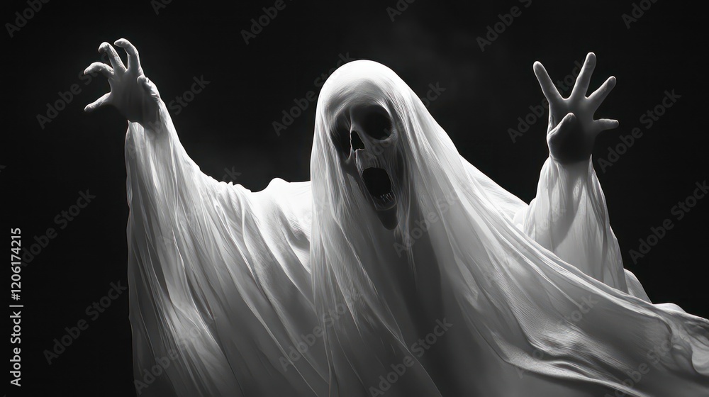 A terrifying ghost figure in a white sheet, screaming with arms outstretched against a dark background. A terrifying ghost figure in a white sheet, screaming with arms outstretched against a dark background.