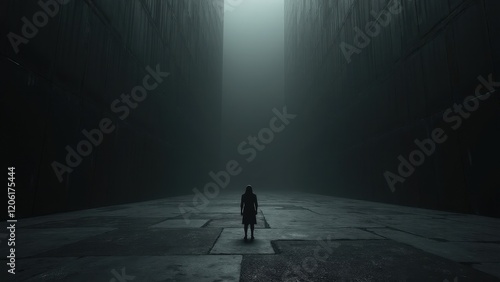A figure standing in the center of an infinite black space, surrounded by closing walls, evoking a feeling of overwhelming isolation and confinement.