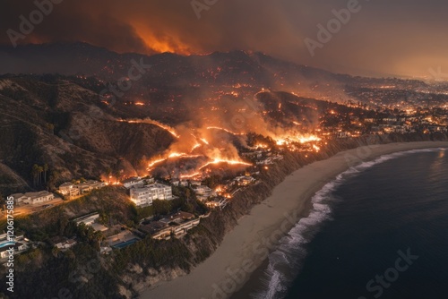 A beach scene with many fires burning in the distance photo