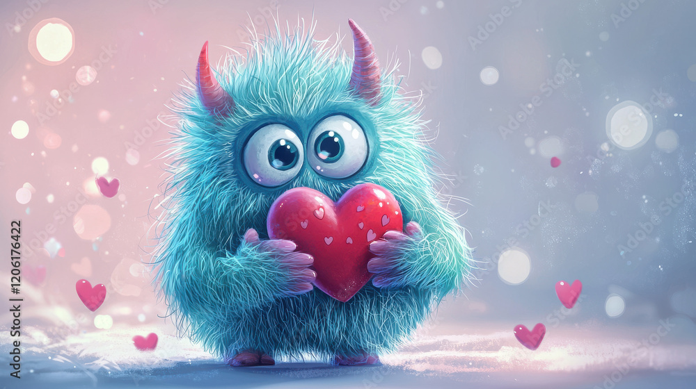Cute Fluffy Monster with Heart for Valentine’s Day Celebration Cute Fluffy Monster with Heart for Valentine’s Day Celebration