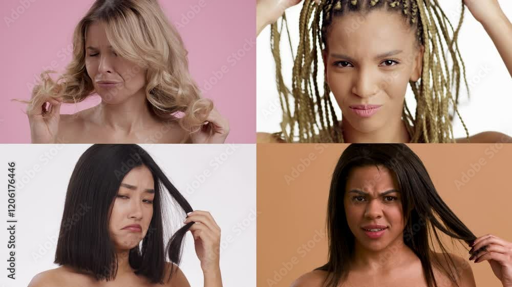 Four women showcase a variety of emotions related to hair and skin care. Each woman displays unique reactions, highlighting the beauty and diversity in self-care routines.