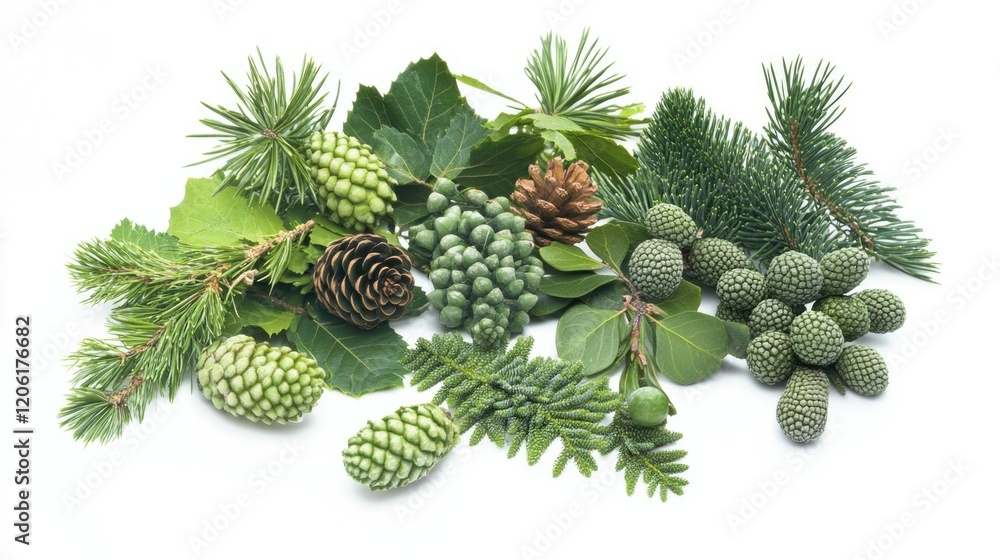 Fototapeta premium A collection of pine cones surrounded by green leaves