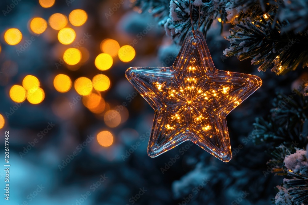 A star shaped ornament hangs from a Christmas tree branch A star shaped ornament hangs from a Christmas tree branch