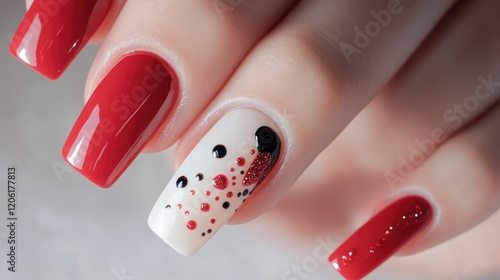 A detailed shot of a person's hand showcasing a vibrant red and white manicure photo