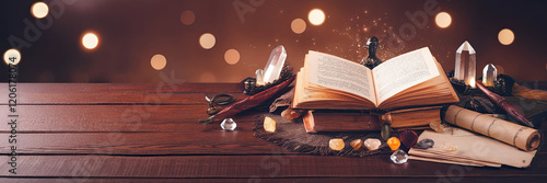 Mystical Book Crystals Scrolls on Wooden Table