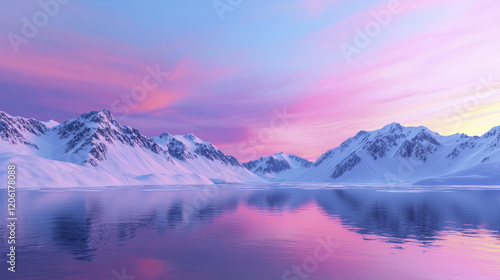 Wallpaper Mural serene winter landscape featuring majestic snow capped mountains reflecting in calm lake at sunset, with vibrant pink and purple hues in sky Torontodigital.ca