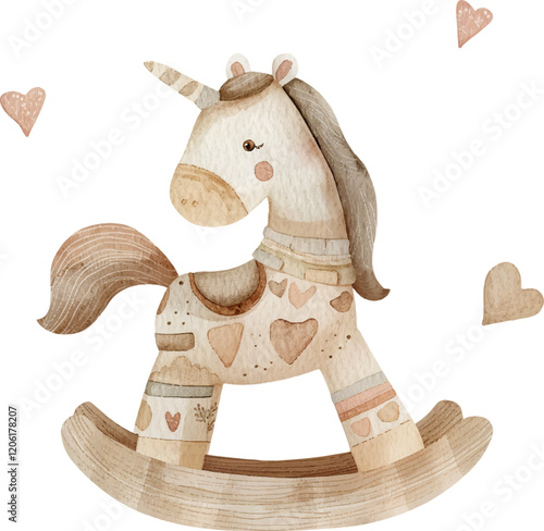 Vector watercolor illustration of a cute rocking horse with hearts