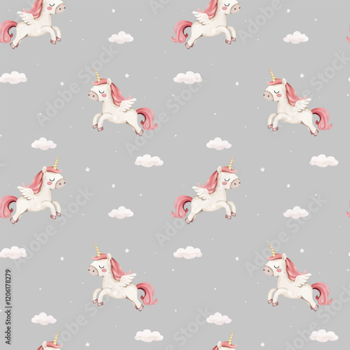 Vector watercolor seamless pattern with a unicorn flying among clouds