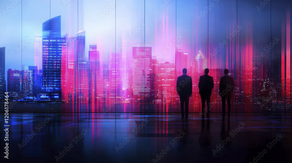 Fototapeta premium Three business professionals silhouetted against vibrant city skyline, showcasing blend of modern architecture and colorful lights