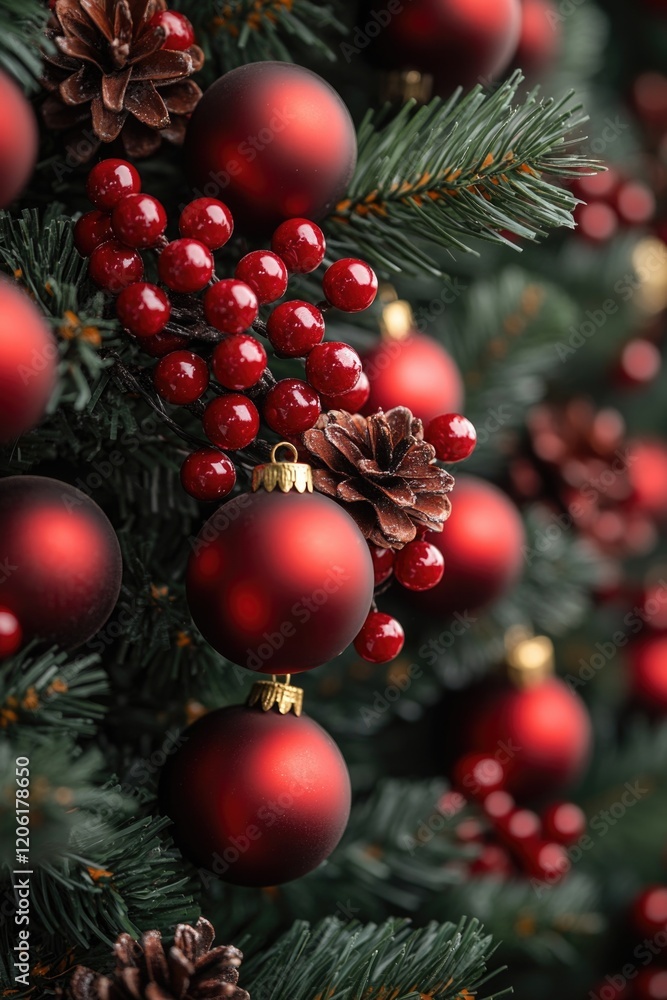 A detailed view of a decorated Christmas tree with red ornaments, ideal for holiday-themed designs and decorations A detailed view of a decorated Christmas tree with red ornaments, ideal for holiday-themed designs and decorations