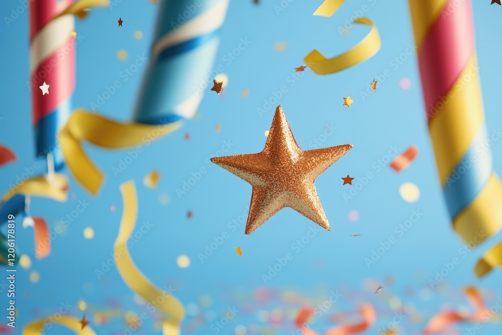 A star surrounded by colorful confetti and streamers, perfect for birthday or party decorations A star surrounded by colorful confetti and streamers, perfect for birthday or party decorations