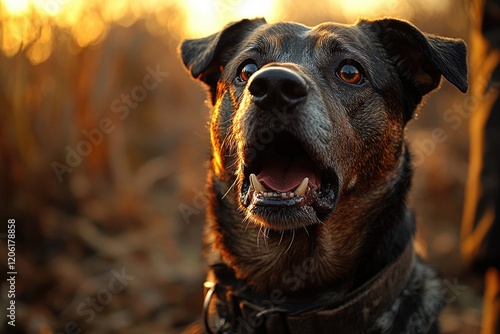 Close-up of a dog's face with its mouth open, suitable for pet-related or funny concept imagery photo