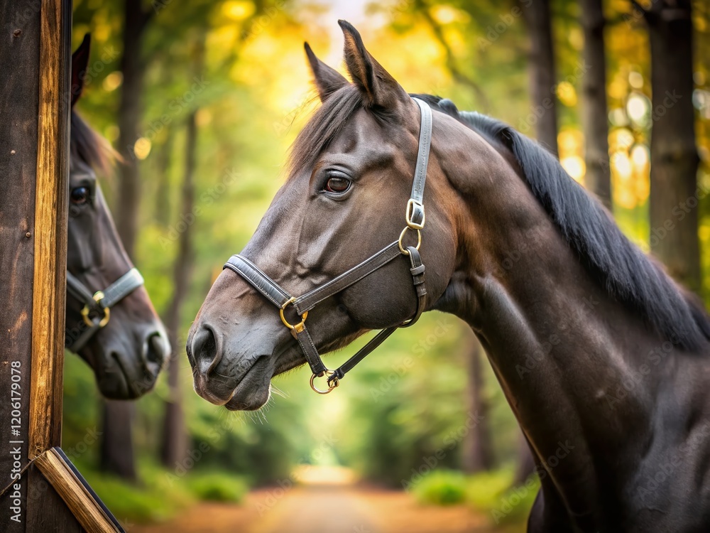 Obraz premium Majestic Black Mare Horse Portrait: Forest Reflection in Leather Halter