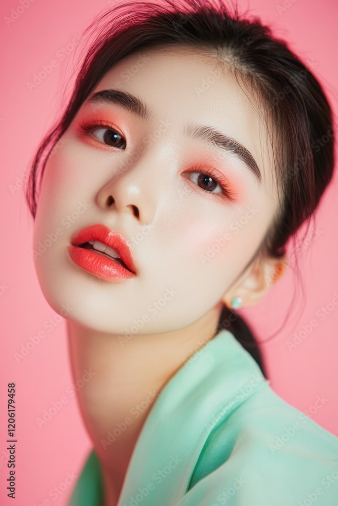 Fototapeta premium A woman wearing pink lipstick and a green shirt, looking straight at the camera