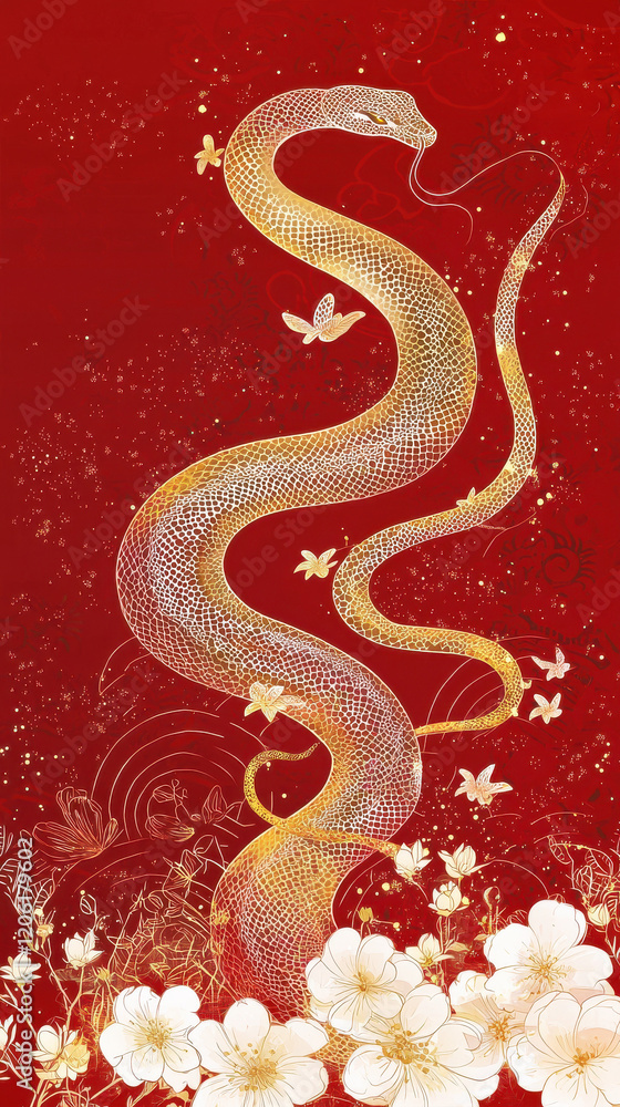 Fototapeta premium Chinese New Year Red Envelope with Snake Pattern and Yellow Flowers