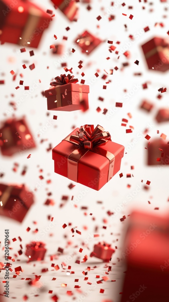 Red Gift Boxes with Floating Ribbons, Festive Celebration Vibes