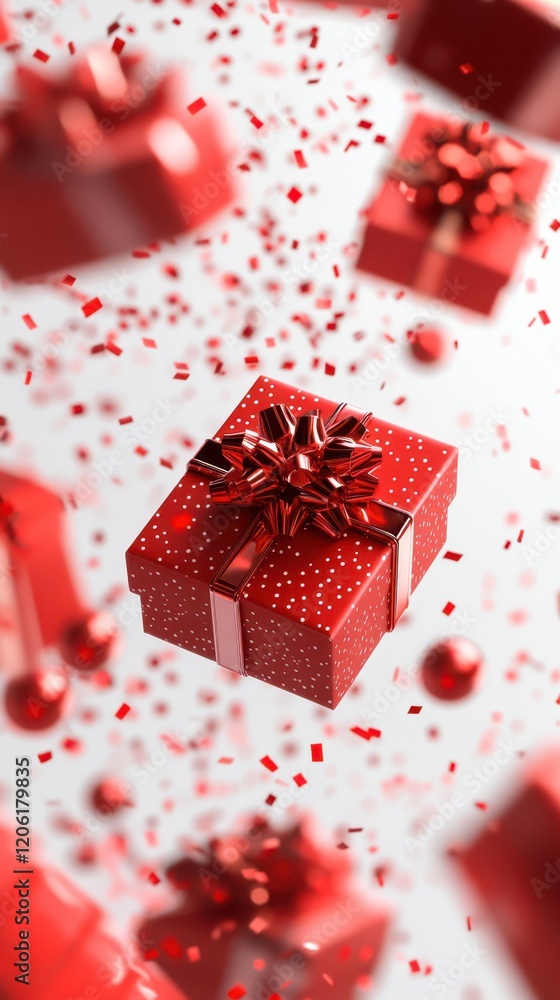 Red Gift Boxes with Floating Ribbons, Festive Celebration Vibes