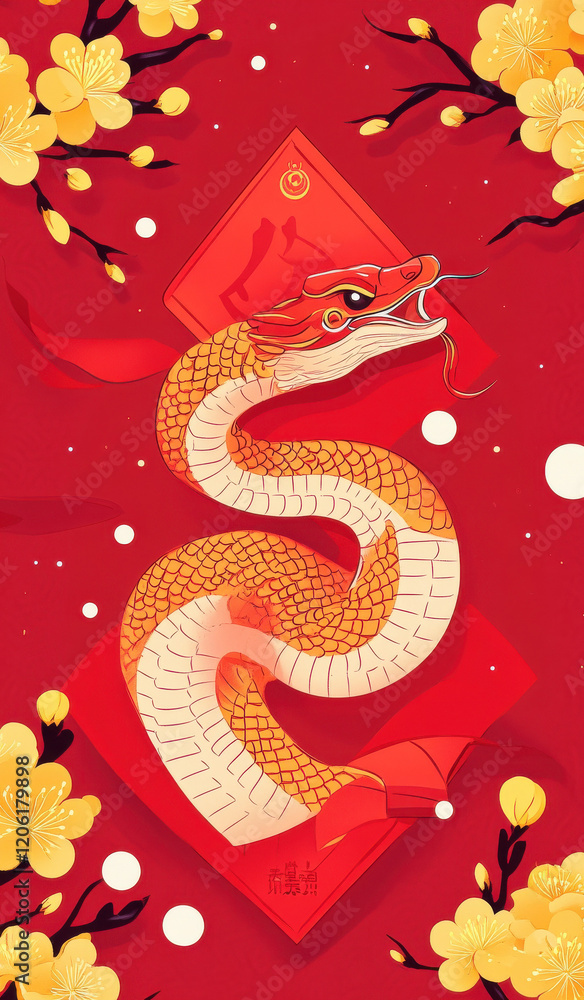 Obraz premium Chinese New Year Red Envelope with Snake Pattern and Yellow Flowers