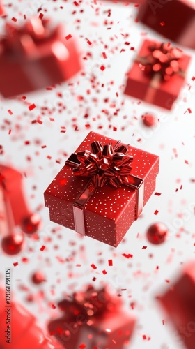 Obraz na płótnie Red Gift Boxes with Floating Ribbons, Festive Celebration Vibes w salonie
