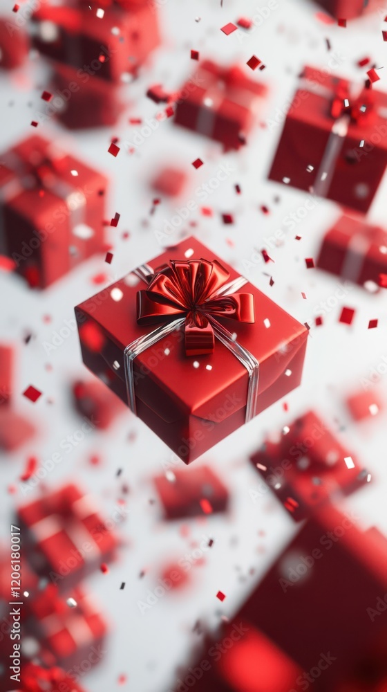 Red Gift Boxes with Floating Ribbons, Festive Celebration Vibes