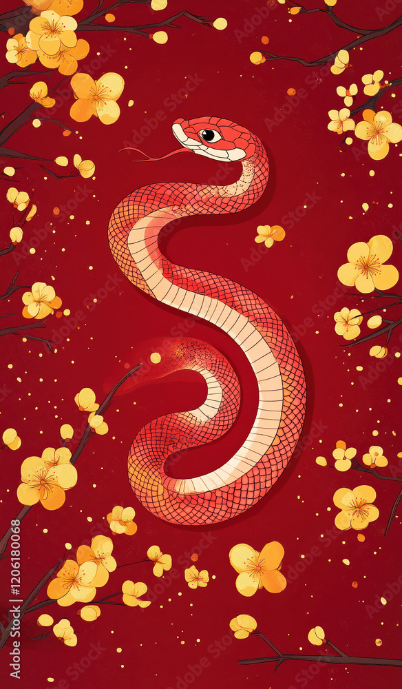 Fototapeta premium Chinese New Year Red Envelope with Snake Pattern and Yellow Flowers
